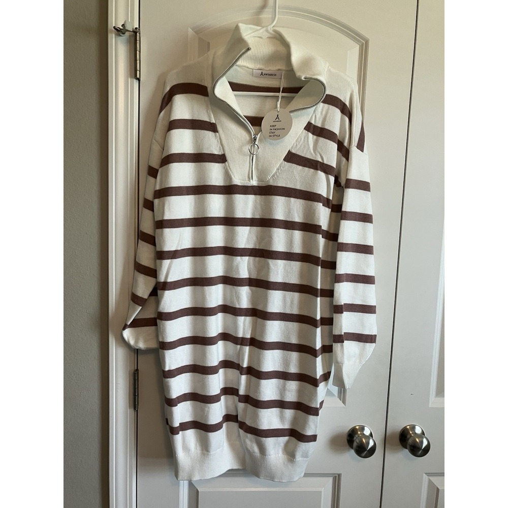 Anrabess Sweater Dress Women XL Brown NWT Knit Striped Zip High Collar C520